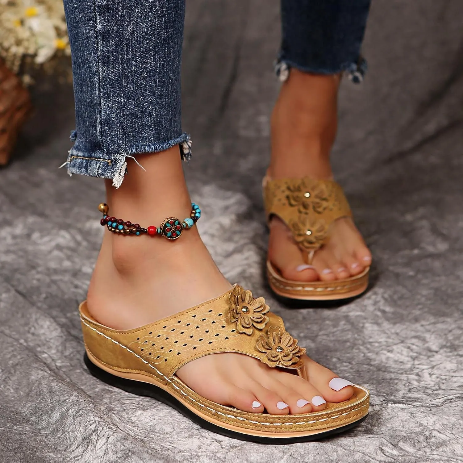 Hbeylia Orthopedic Sandals For Women Flip Flops Womens Sandals with Arch Support Ladies Casual Platform Wedge Comfortable Walking Wide Sandals Dressy Summer Slip on Thong Sandals