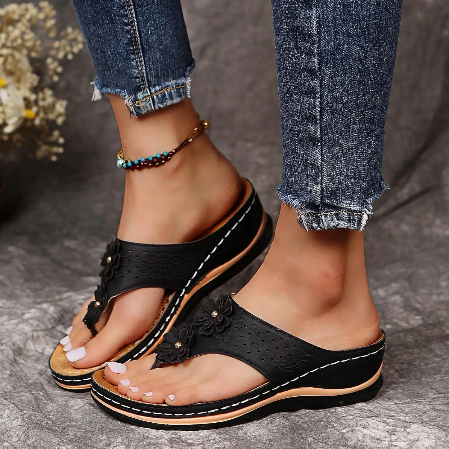 Hbeylia Orthopedic Sandals For Women Flip Flops Womens Sandals with Arch Support Ladies Casual Platform Wedge Comfortable Walking Wide Sandals Dressy Summer Slip on Thong Sandals