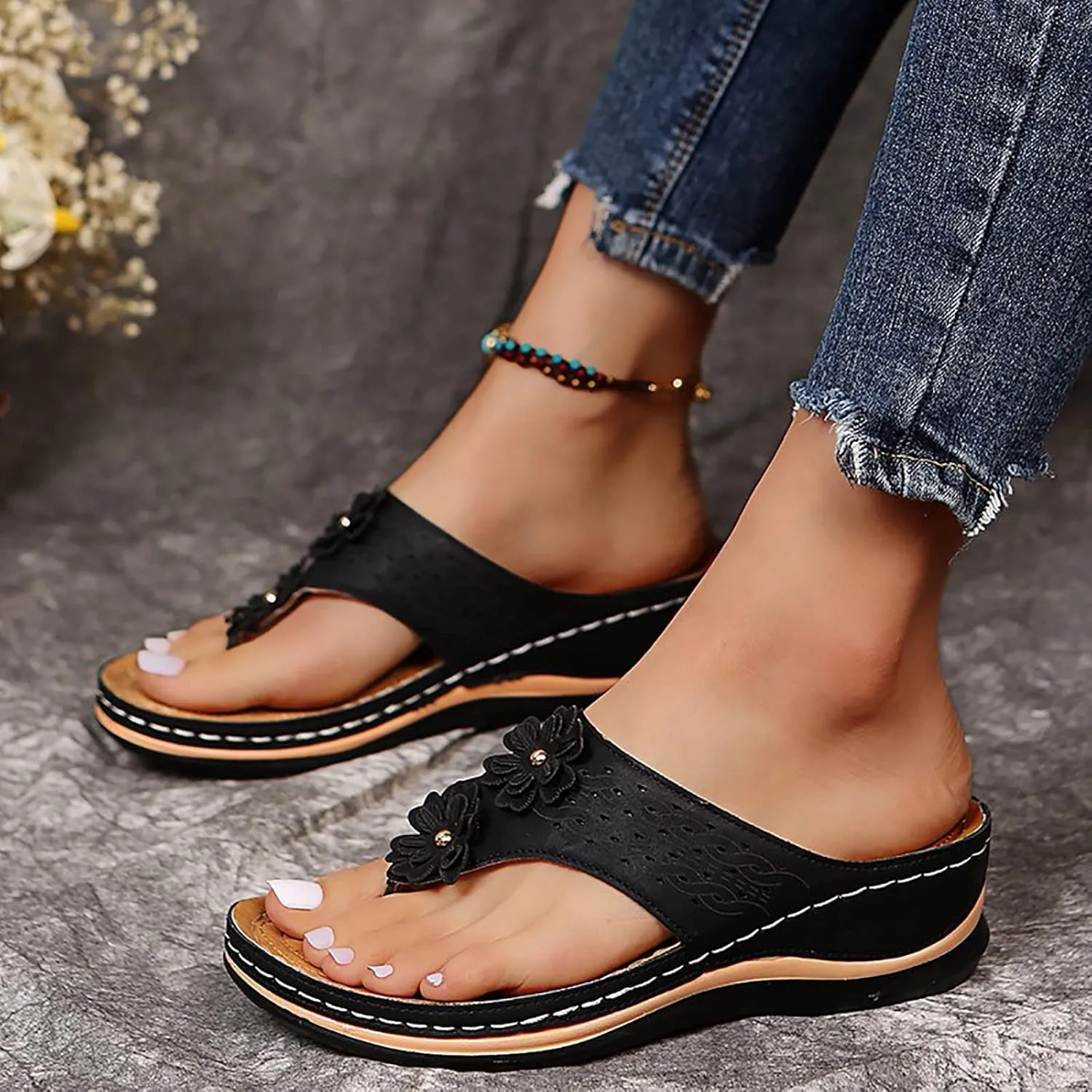 Hbeylia Orthopedic Sandals For Women Flip Flops Womens Sandals with Arch Support Ladies Casual Platform Wedge Comfortable Walking Wide Sandals Dressy Summer Slip on Thong Sandals