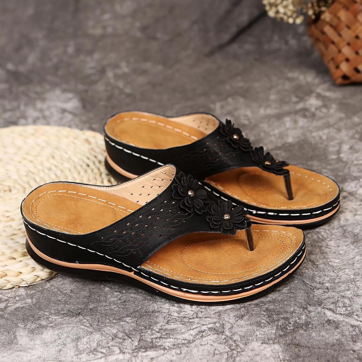 Hbeylia Orthopedic Sandals For Women Flip Flops Womens Sandals with Arch Support Ladies Casual Platform Wedge Comfortable Walking Wide Sandals Dressy Summer Slip on Thong Sandals