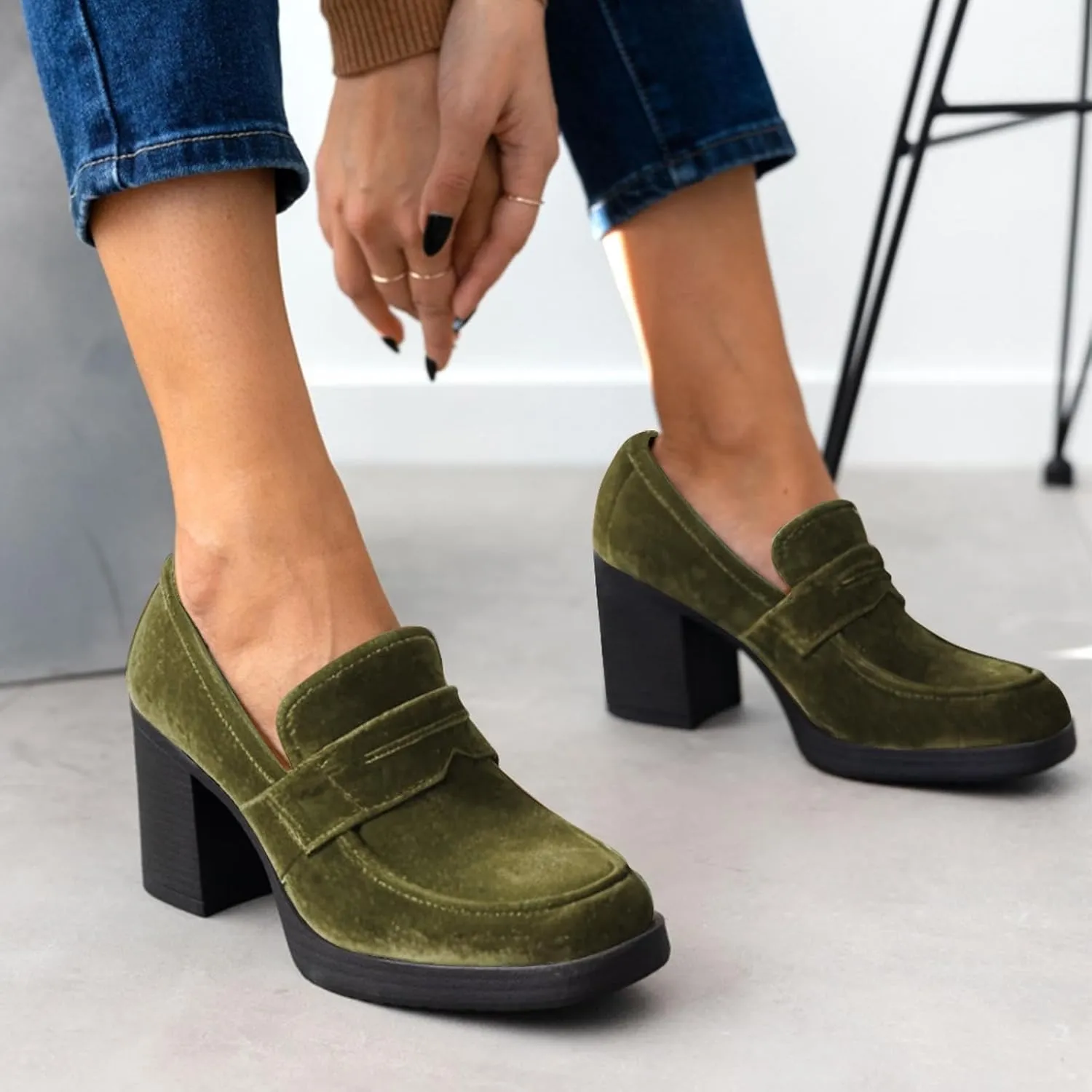 heelchic Chunky Loafers Women Dressy, Pumps Shoes for Women Pointed Closed Toe, Comfortable Block Heels Penny Loafers Slip On