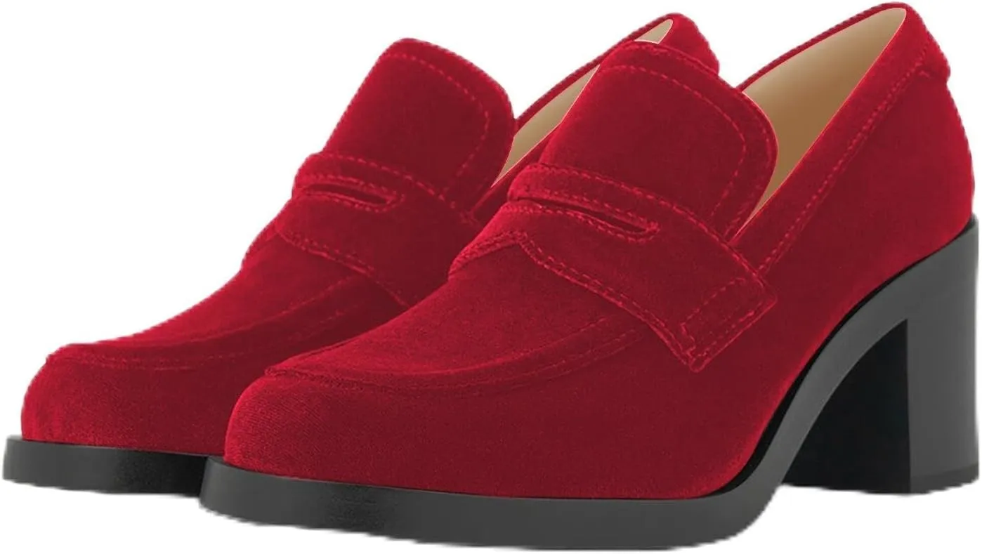 heelchic Chunky Loafers Women Dressy, Pumps Shoes for Women Pointed Closed Toe, Comfortable Block Heels Penny Loafers Slip On