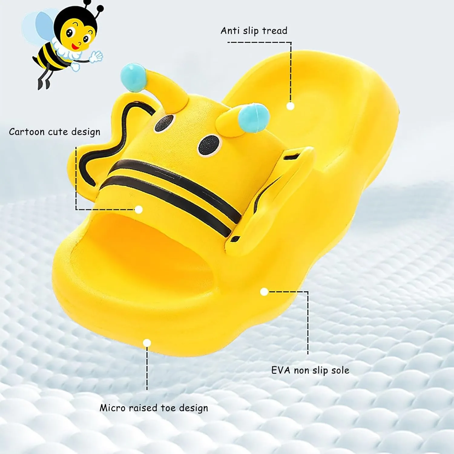 Kids Slides Cartoon B𝐞e Pattern Slippers Soft Sole Water Shoes Lightweight Sandals Non-Slip Shower Slide