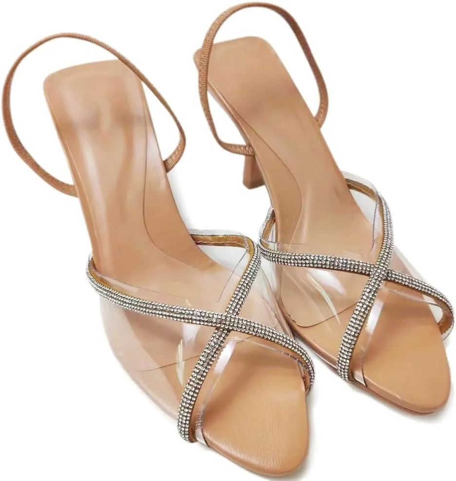 KOKOMOMO Clear Sparkly Rhinestone Heels Open Toe Slingback Heels Wedding Dress Pumps