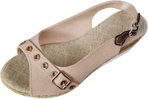 Ladies Fashion Solid Color Canvas Open Toe Belt Decorative Thick Sole Slope Heel Sandals Crock Sandals Women Shoes