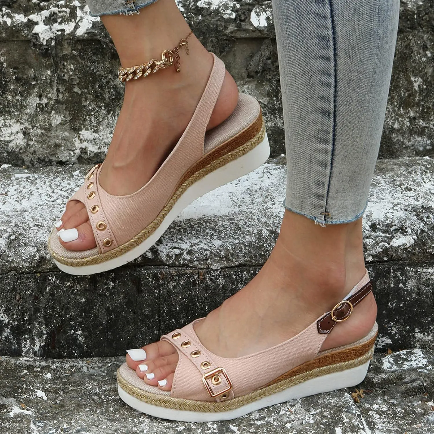 Ladies Fashion Solid Color Canvas Open Toe Belt Decorative Thick Sole Slope Heel Sandals Crock Sandals Women Shoes