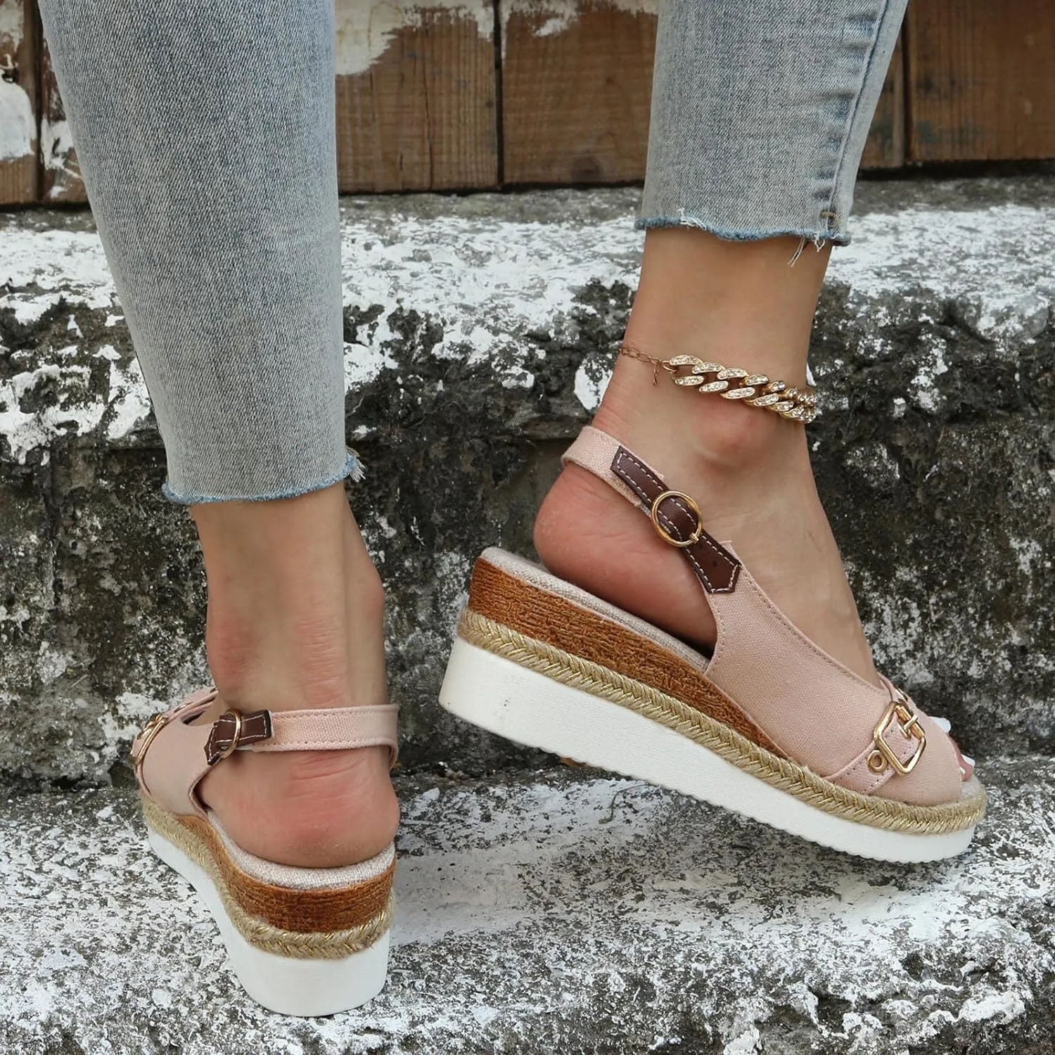 Ladies Fashion Solid Color Canvas Open Toe Belt Decorative Thick Sole Slope Heel Sandals Crock Sandals Women Shoes