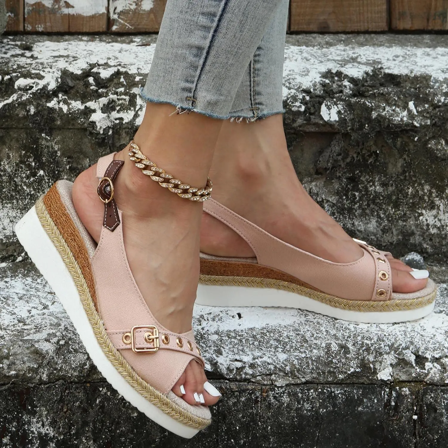 Ladies Fashion Solid Color Canvas Open Toe Belt Decorative Thick Sole Slope Heel Sandals Crock Sandals Women Shoes