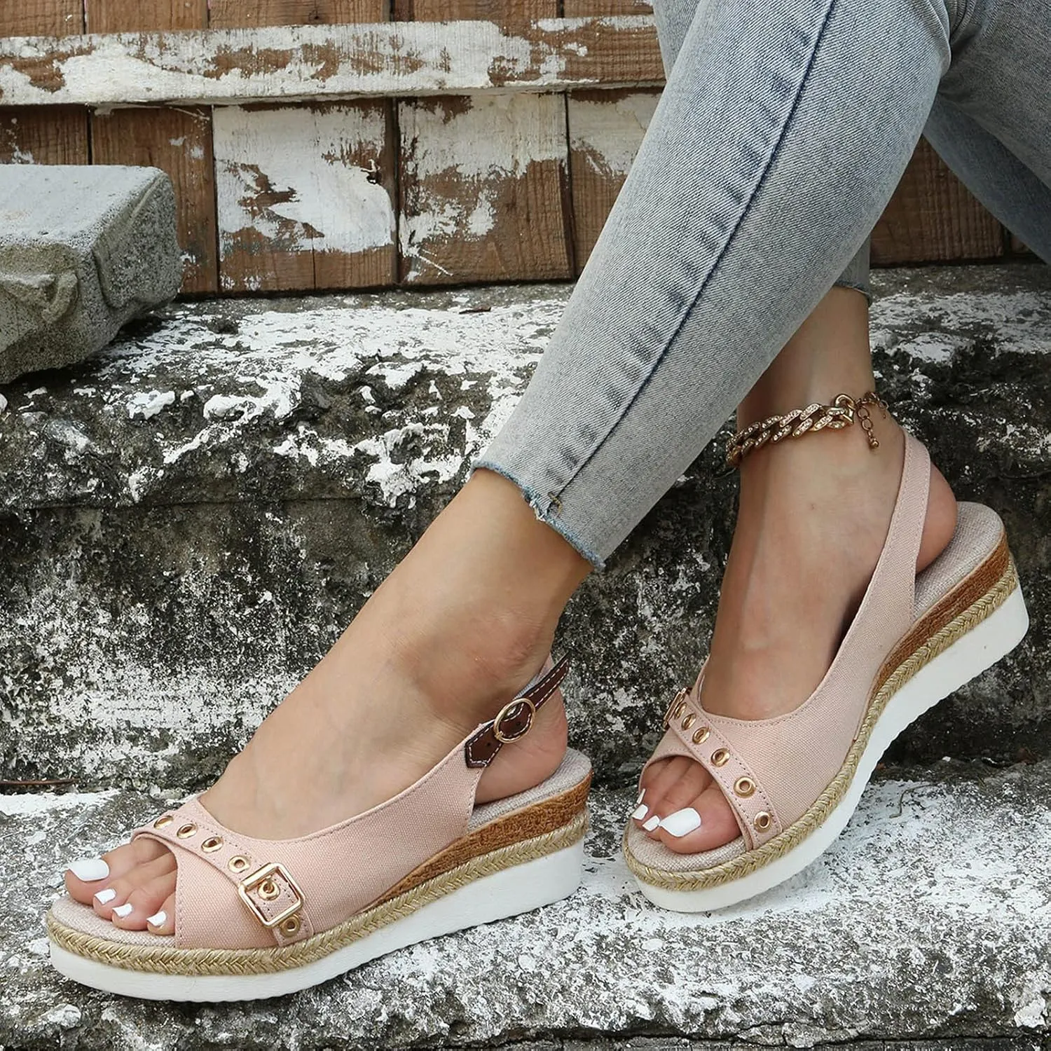 Ladies Fashion Solid Color Canvas Open Toe Belt Decorative Thick Sole Slope Heel Sandals Crock Sandals Women Shoes