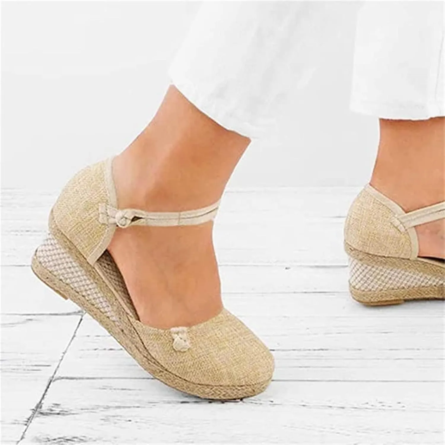 Ladmiple Espadrille Wedge Sandals For Women Closed Toe Cute Ankle Strap Platform Fashion Casual Dressy Summer Shoes