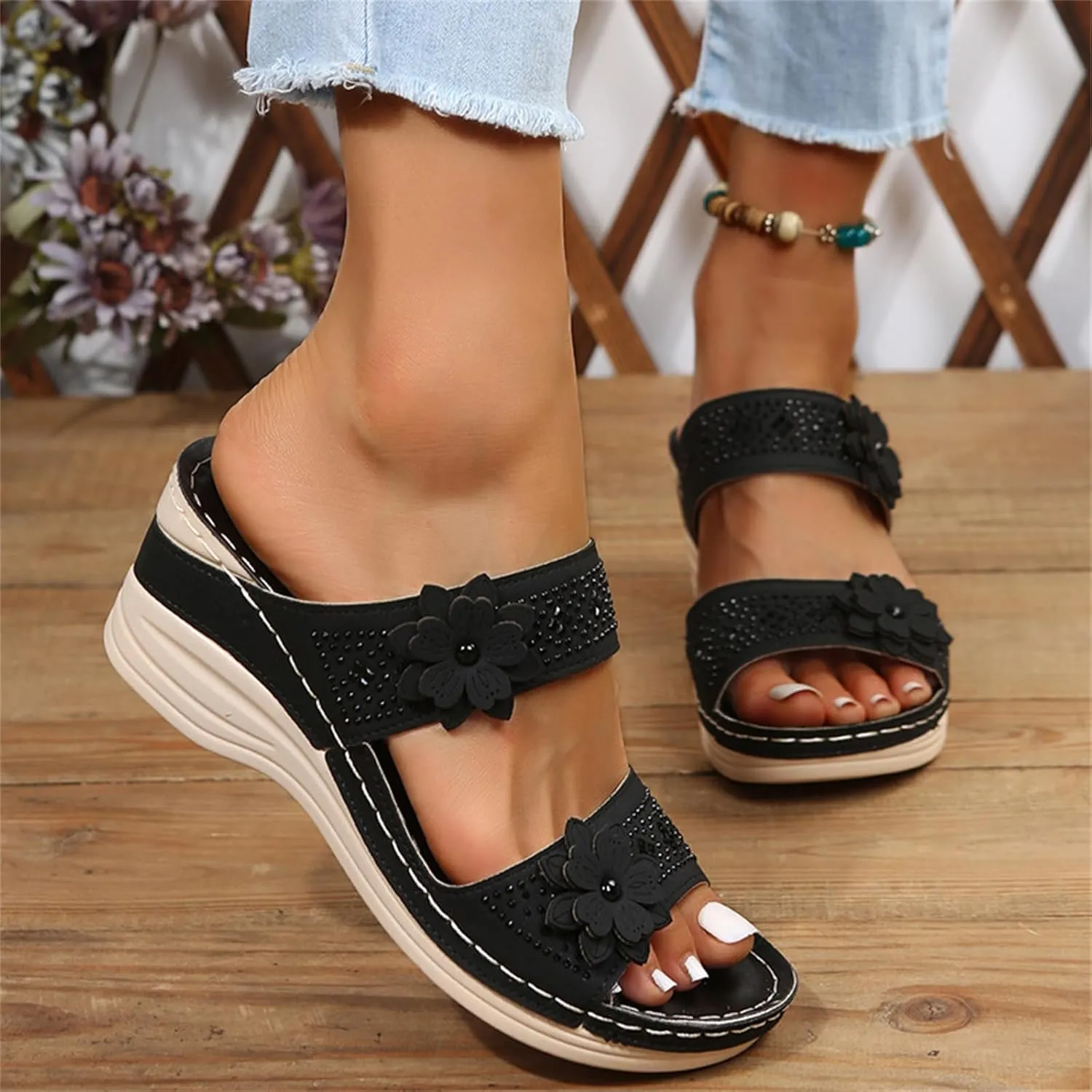 Ladmiple Sandals Women 2023 Fashion Flower Orthopedic Flip Flops Arch Support Wedge Slippers Casual Roman Slip On Sandal