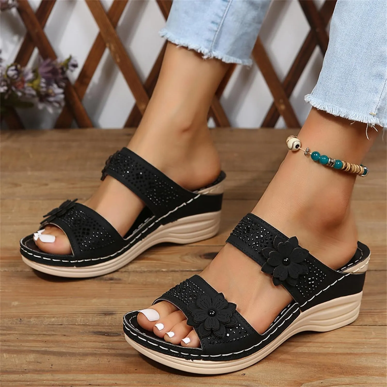 Ladmiple Sandals Women 2023 Fashion Flower Orthopedic Flip Flops Arch Support Wedge Slippers Casual Roman Slip On Sandal