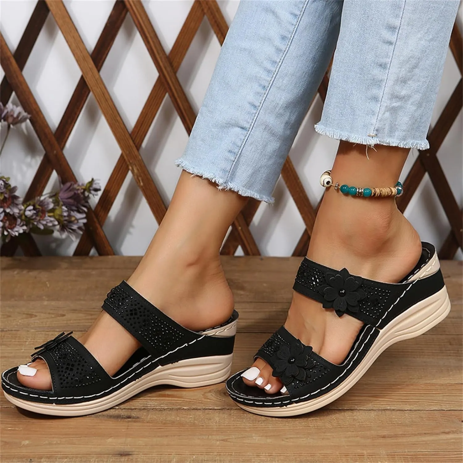 Ladmiple Sandals Women 2023 Fashion Flower Orthopedic Flip Flops Arch Support Wedge Slippers Casual Roman Slip On Sandal
