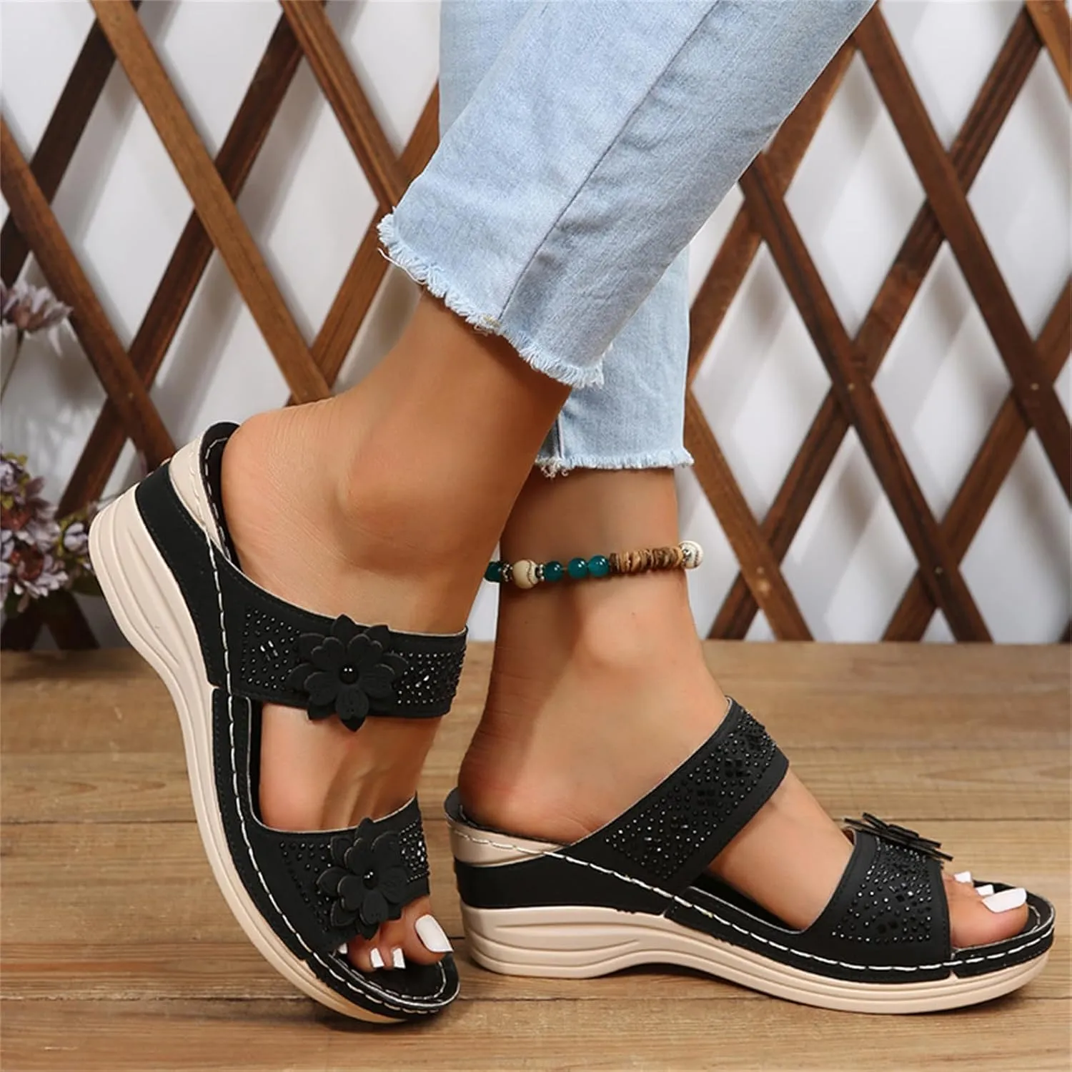 Ladmiple Sandals Women 2023 Fashion Flower Orthopedic Flip Flops Arch Support Wedge Slippers Casual Roman Slip On Sandal