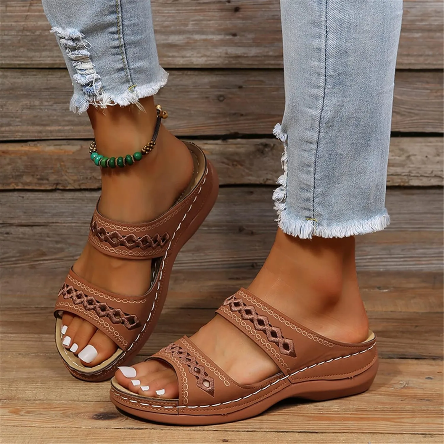 Ladmiple Sandals Women Comfortable Flower Orthopedic Flip Flops Arch Support Wedge Slippers Casual Roman Slip On Sandal