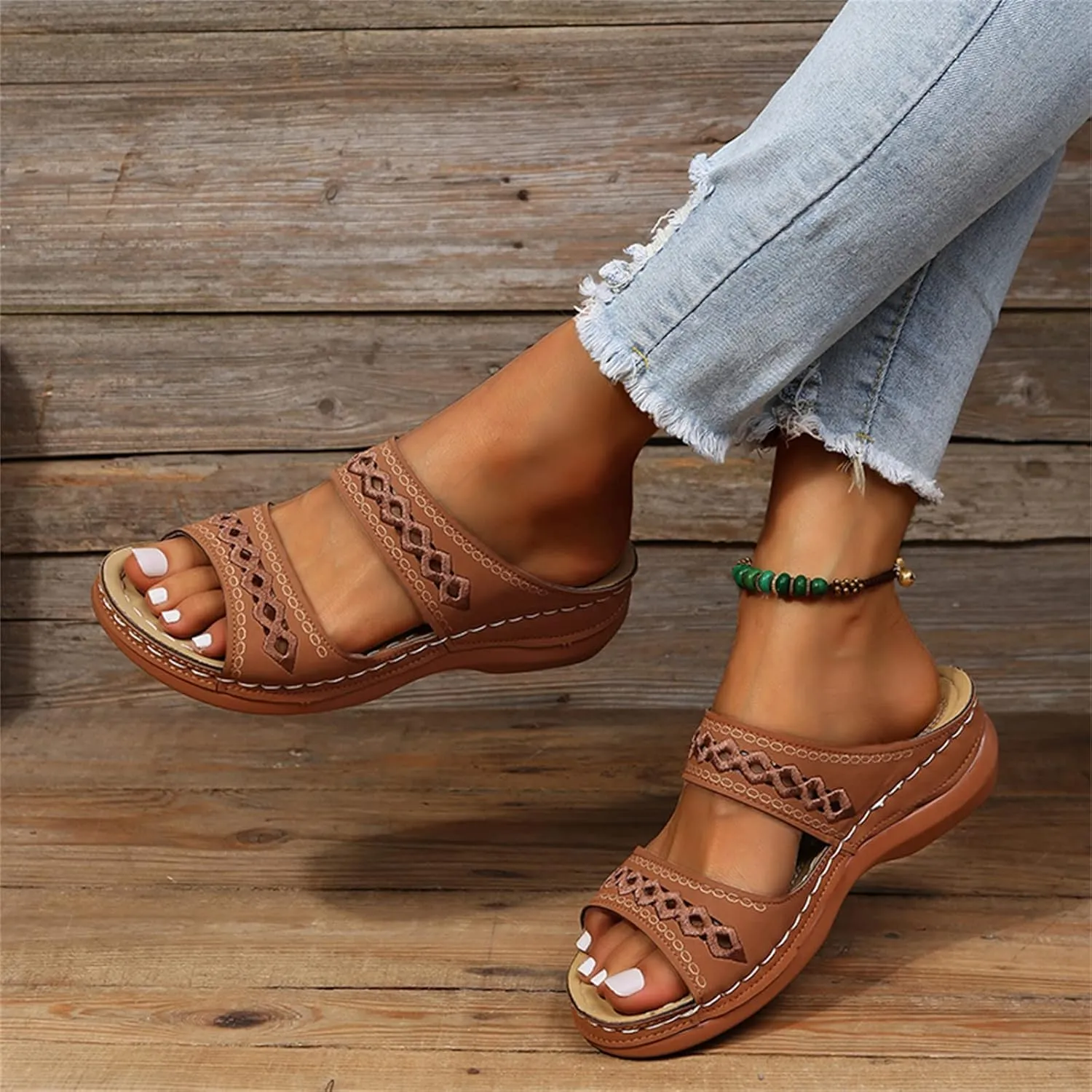 Ladmiple Sandals Women Comfortable Flower Orthopedic Flip Flops Arch Support Wedge Slippers Casual Roman Slip On Sandal