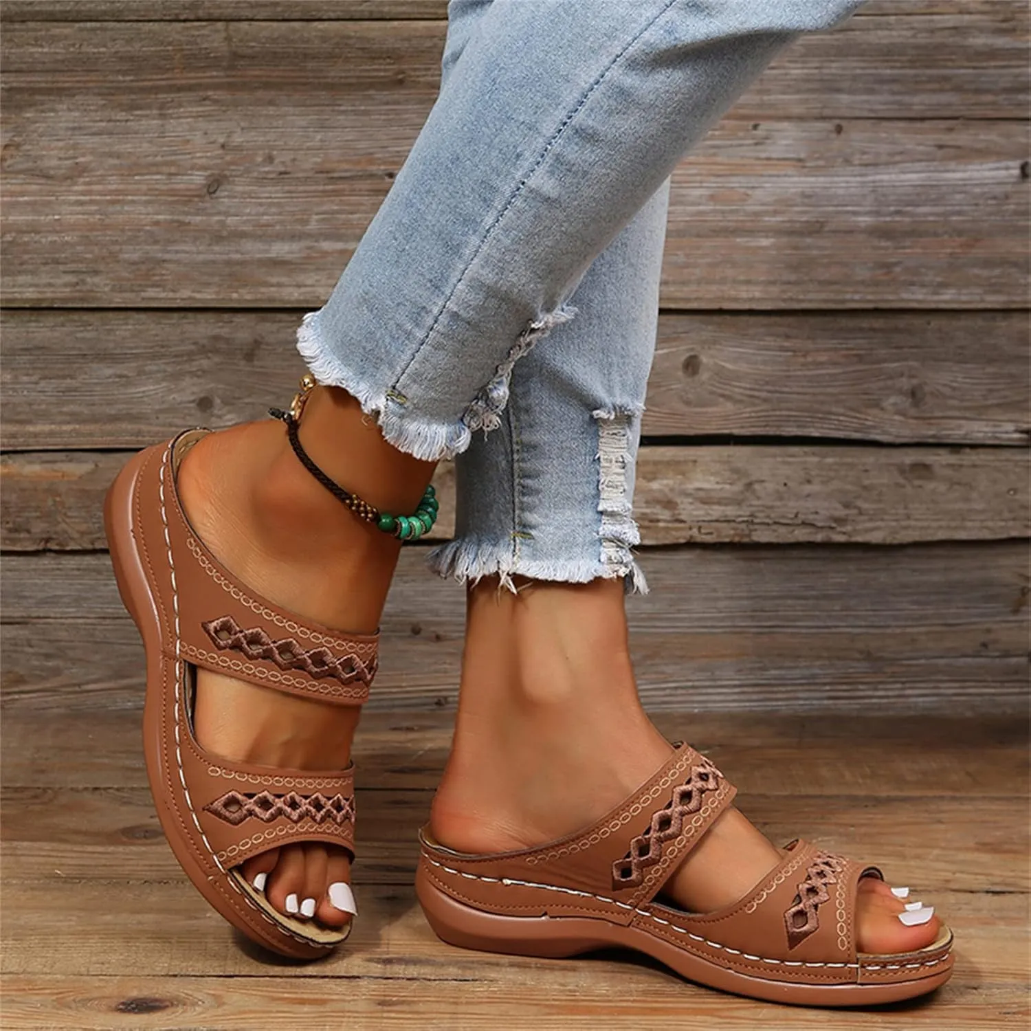 Ladmiple Sandals Women Comfortable Flower Orthopedic Flip Flops Arch Support Wedge Slippers Casual Roman Slip On Sandal