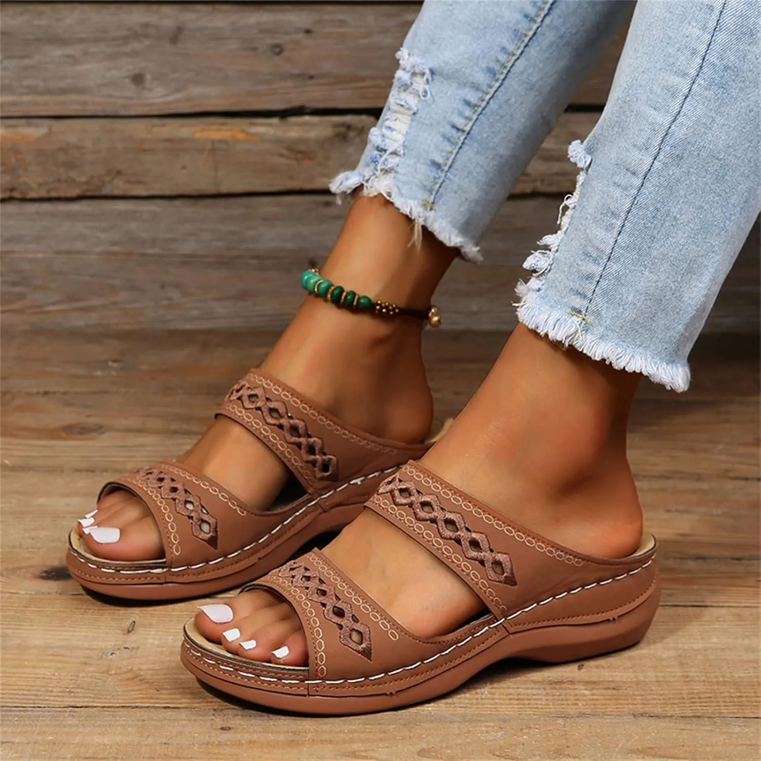 Ladmiple Sandals Women Comfortable Flower Orthopedic Flip Flops Arch Support Wedge Slippers Casual Roman Slip On Sandal
