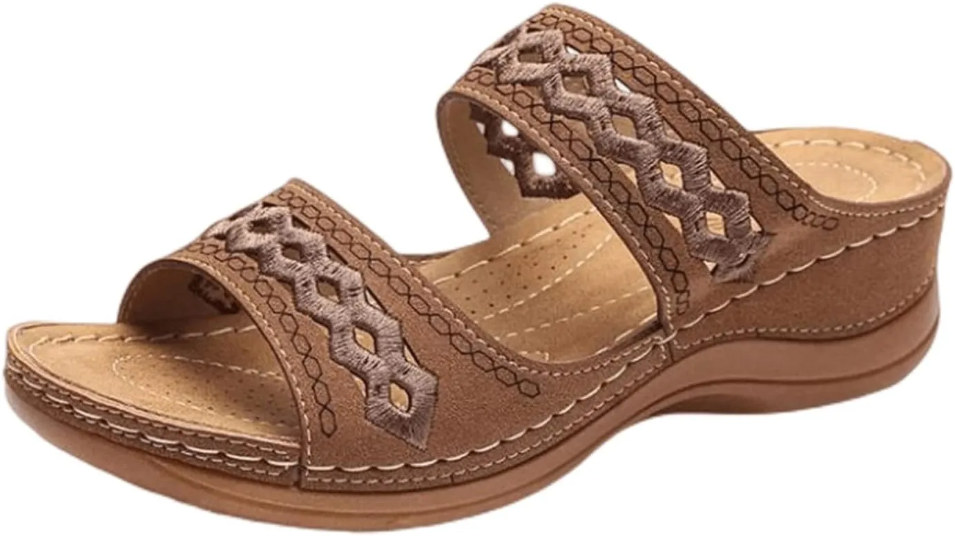 Ladmiple Sandals Women Comfortable Flower Orthopedic Flip Flops Arch Support Wedge Slippers Casual Roman Slip On Sandal