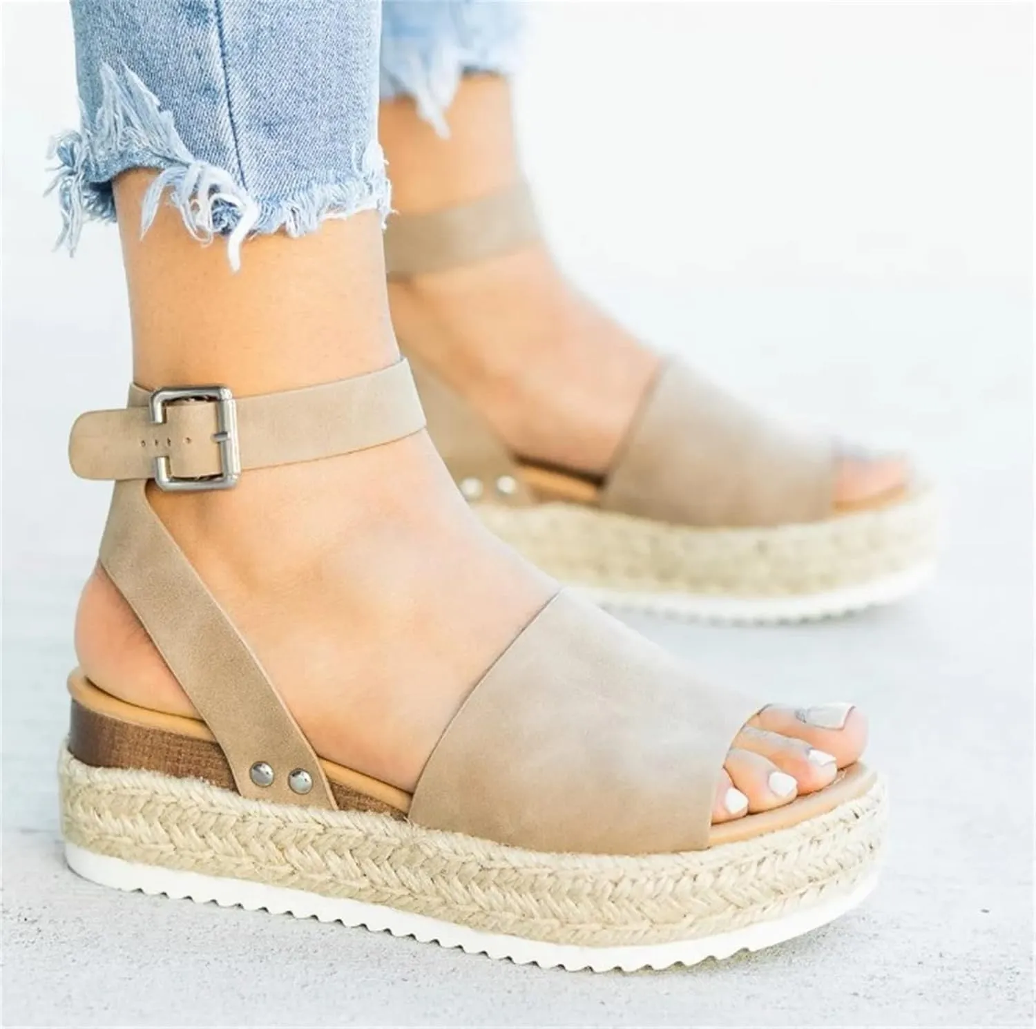 Ladmiple Wedge Sandals for Women Dressy Comfy Slip-On Ankle Buckle Sandals Summer Casual Beach Shoes Open Toe Platform