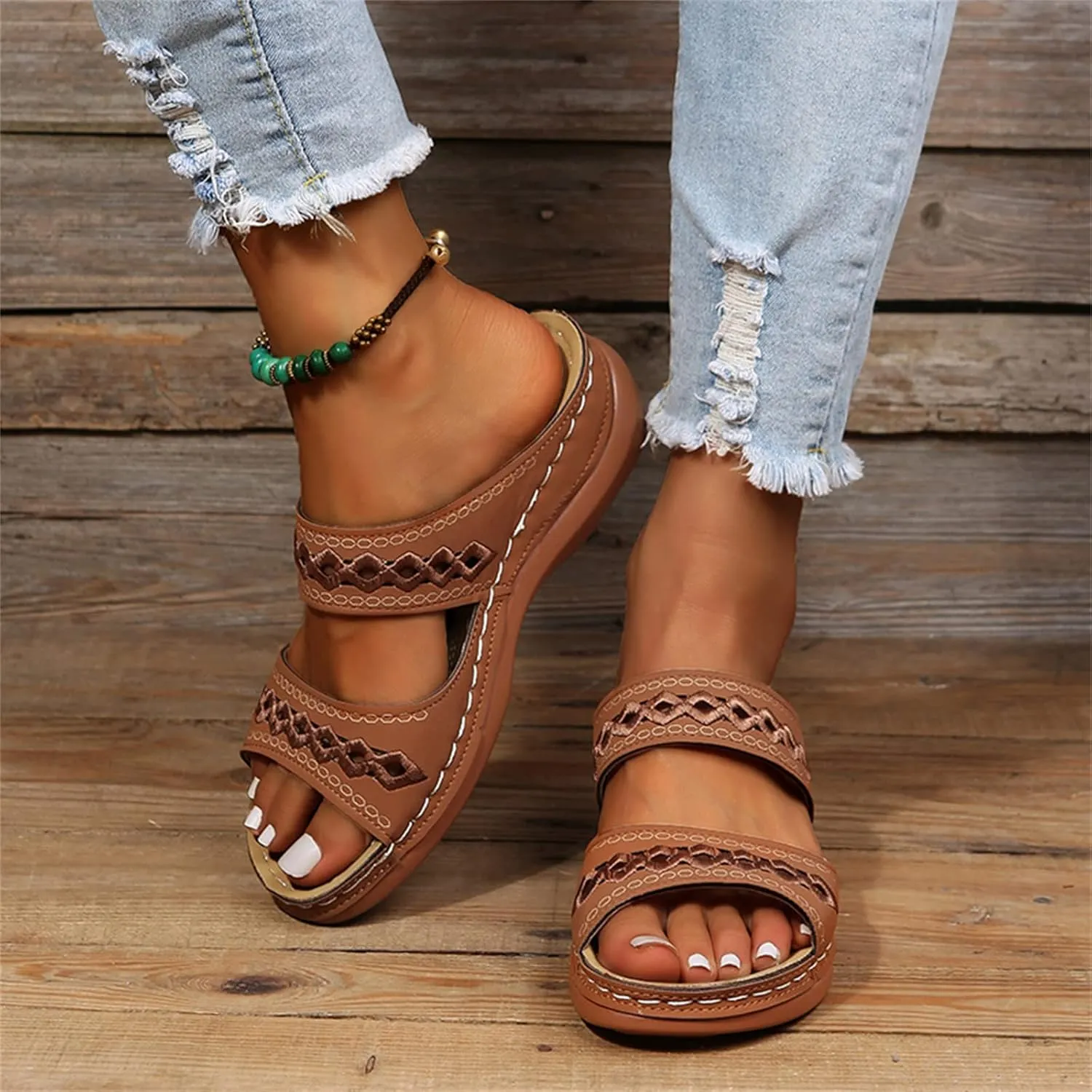 Lausiuoe Sandals Women Dressy Summer Flat Arch Support Orthopedic Slippers Wedge Heel Slip On Orthotic Slides Flip Flops