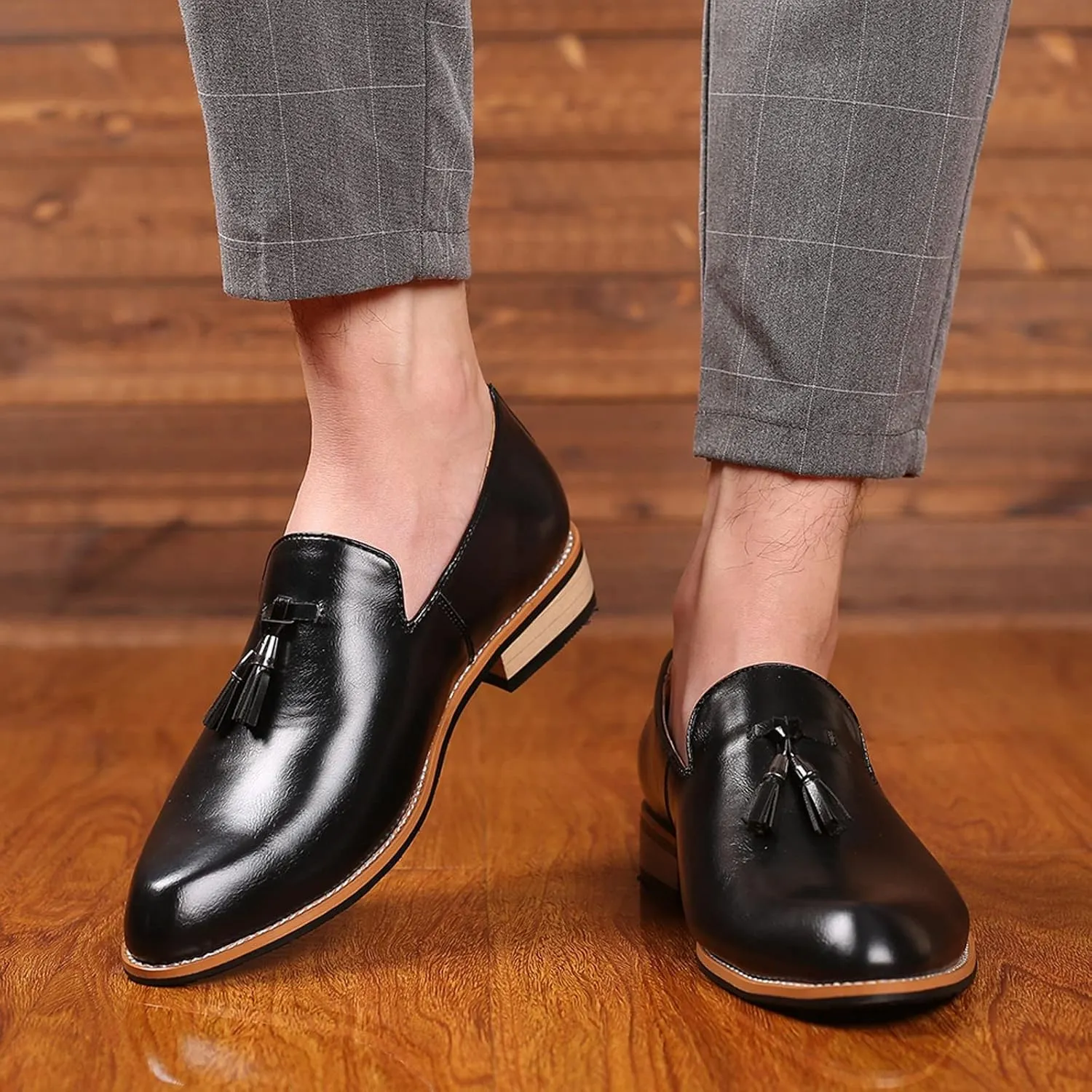 Men's Fashion High Top Leather Street Sneakers Sports Casual Shoes Fashion Style Men's Breathable Tassel Comfortable Business Slip On Work Leisure Solid Mens Ballet Shoes Leather (Black, 11.5)