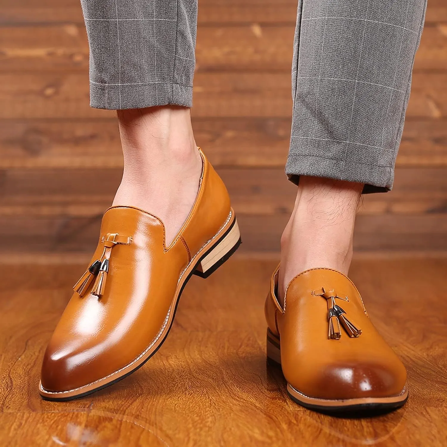 Men's Fashion High Top Leather Street Sneakers Sports Casual Shoes Fashion Style Men's Breathable Tassel Comfortable Business Slip On Work Leisure Solid Mens Ballet Shoes Leather (Yellow, 11.5)