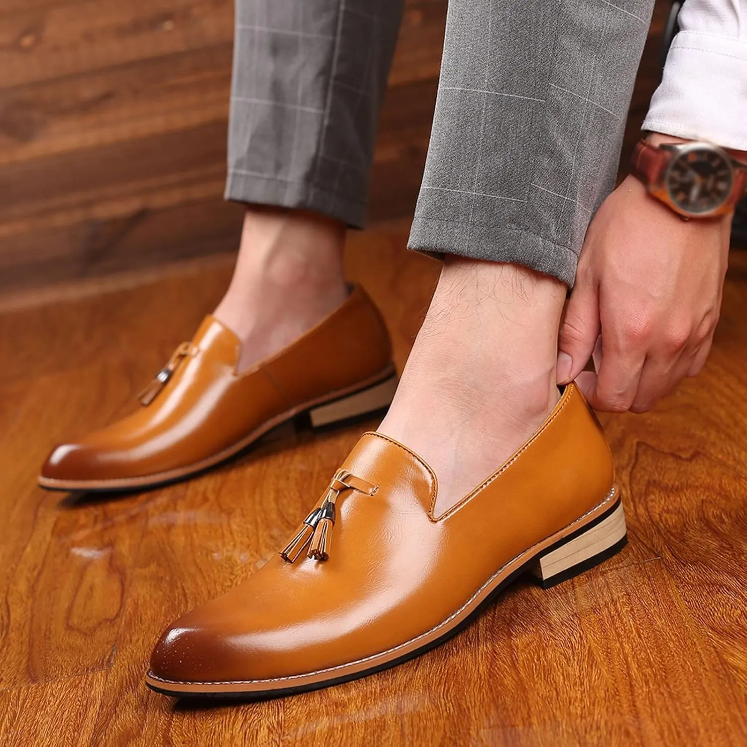 Men's Fashion High Top Leather Street Sneakers Sports Casual Shoes Fashion Style Men's Breathable Tassel Comfortable Business Slip On Work Leisure Solid Mens Ballet Shoes Leather (Yellow, 11.5)