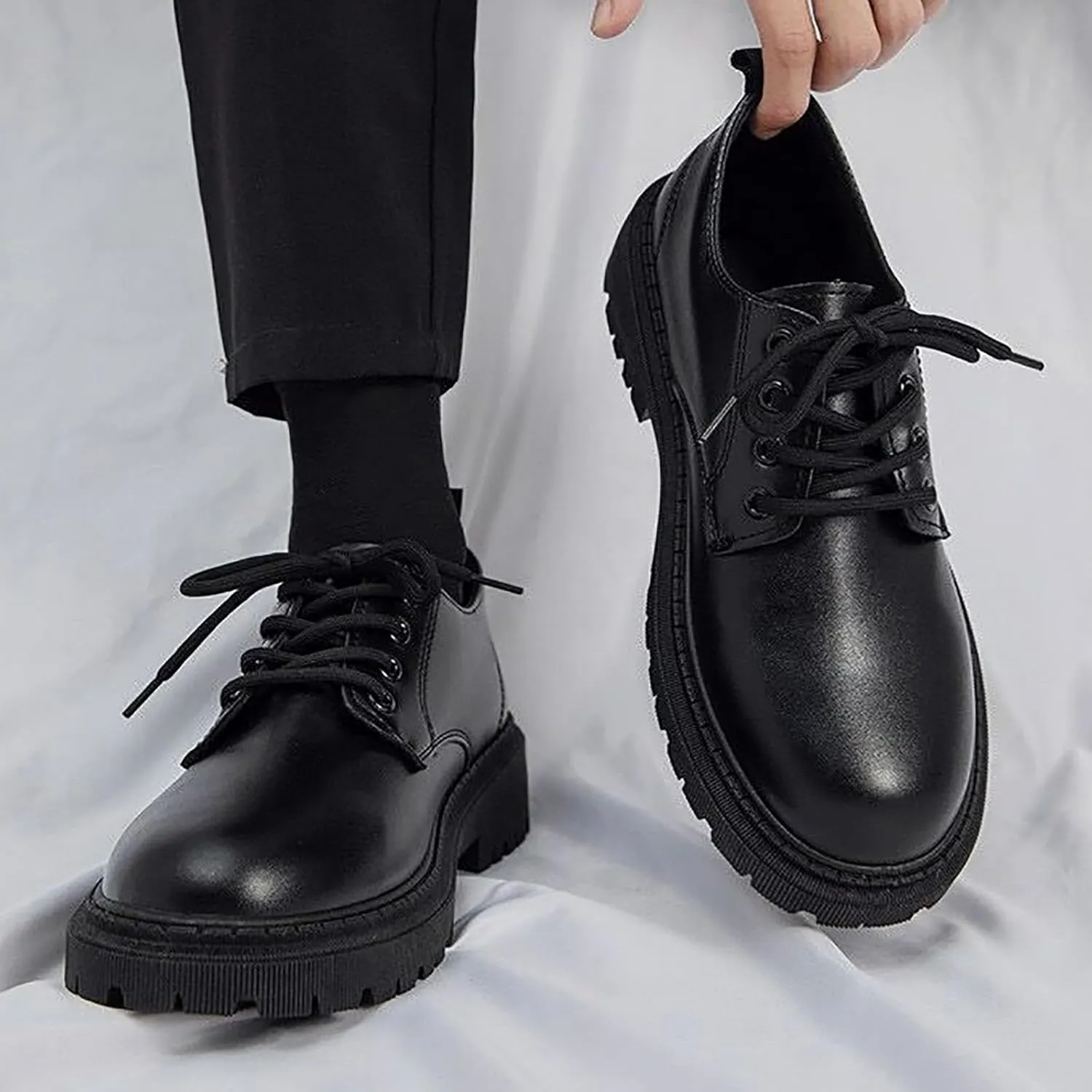 Mens Platform Dress Shoes Arch Support Matte Leather Shoe Classic Retro Derby Shoe Men Durable Street Sneakers Lace Up Formal Snkeaker Thick Sole Oxfords Round Toe Leather Shoes Men