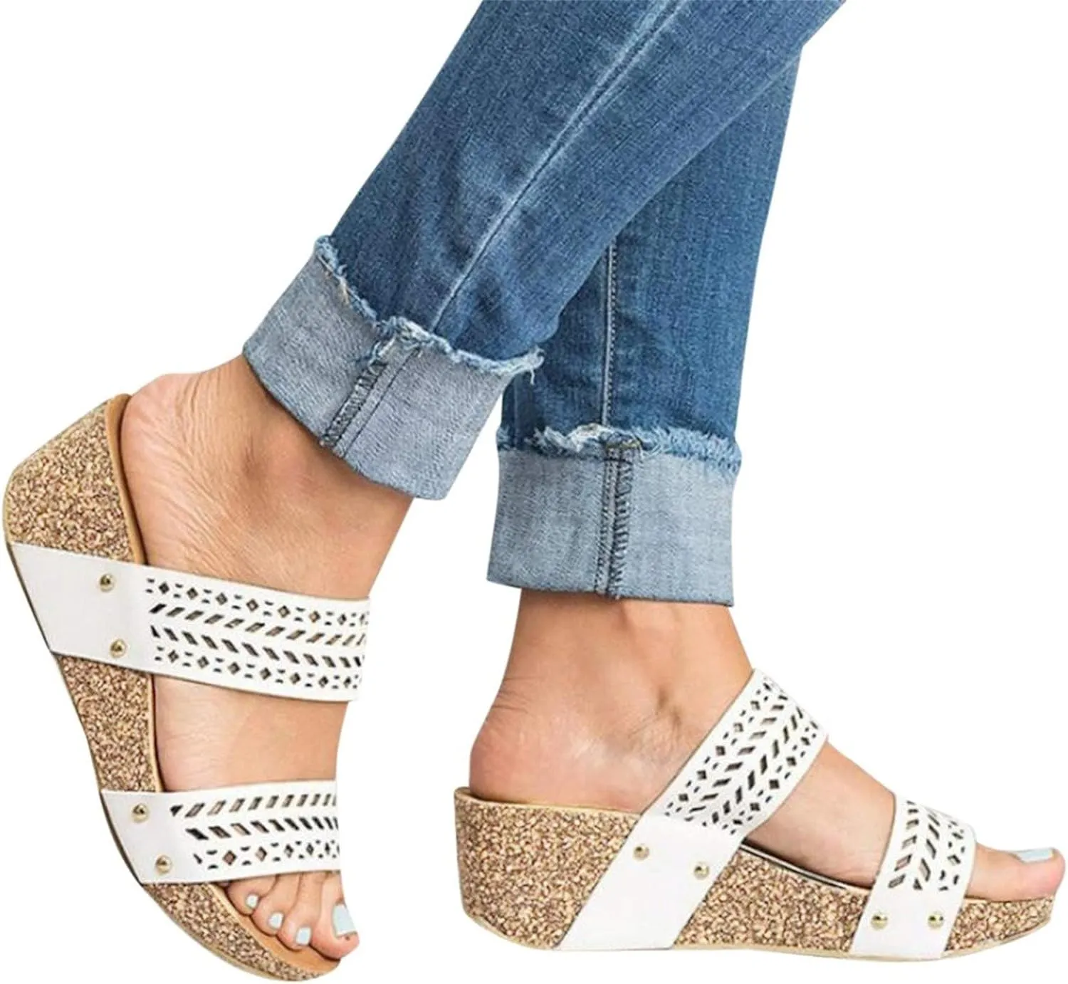 Platform Sandals Women Wedge Ankle Band Cork Platform Slip-Resistant Sole Casual Beach Walking Sandals 2025 Spring and Summer Vacation