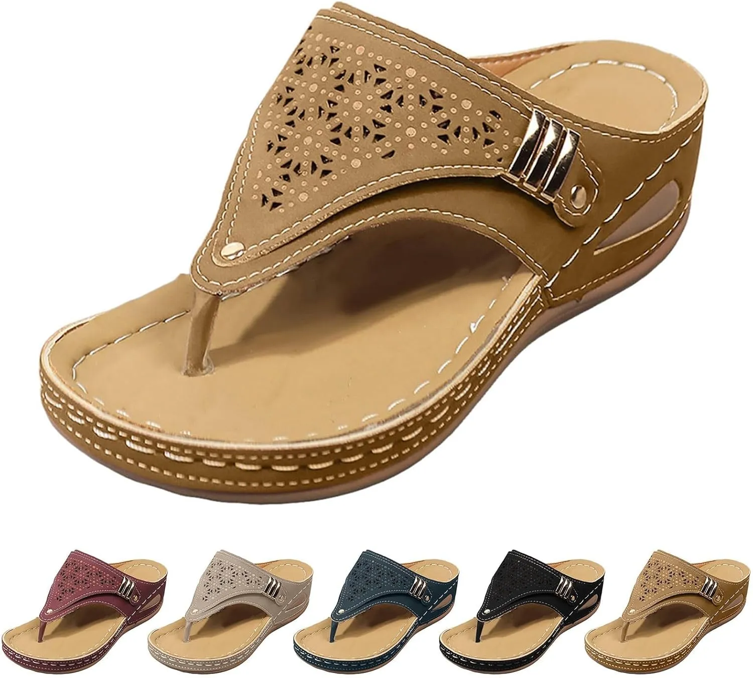 Sandals for Women 2025 Dressy Wedge Comfortable Orthopedic Sandals with Arch Support Summer Breathable Cutout Open Toe Flip Flops Flat Platform Slip on Slippers Boho Beach Walking Shoes
