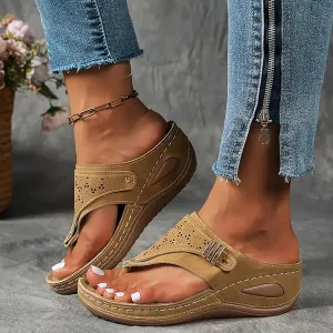 Sandals for Women 2025 Dressy Wedge Comfortable Orthopedic Sandals with Arch Support Summer Breathable Cutout Open Toe Flip Flops Flat Platform Slip on Slippers Boho Beach Walking Shoes