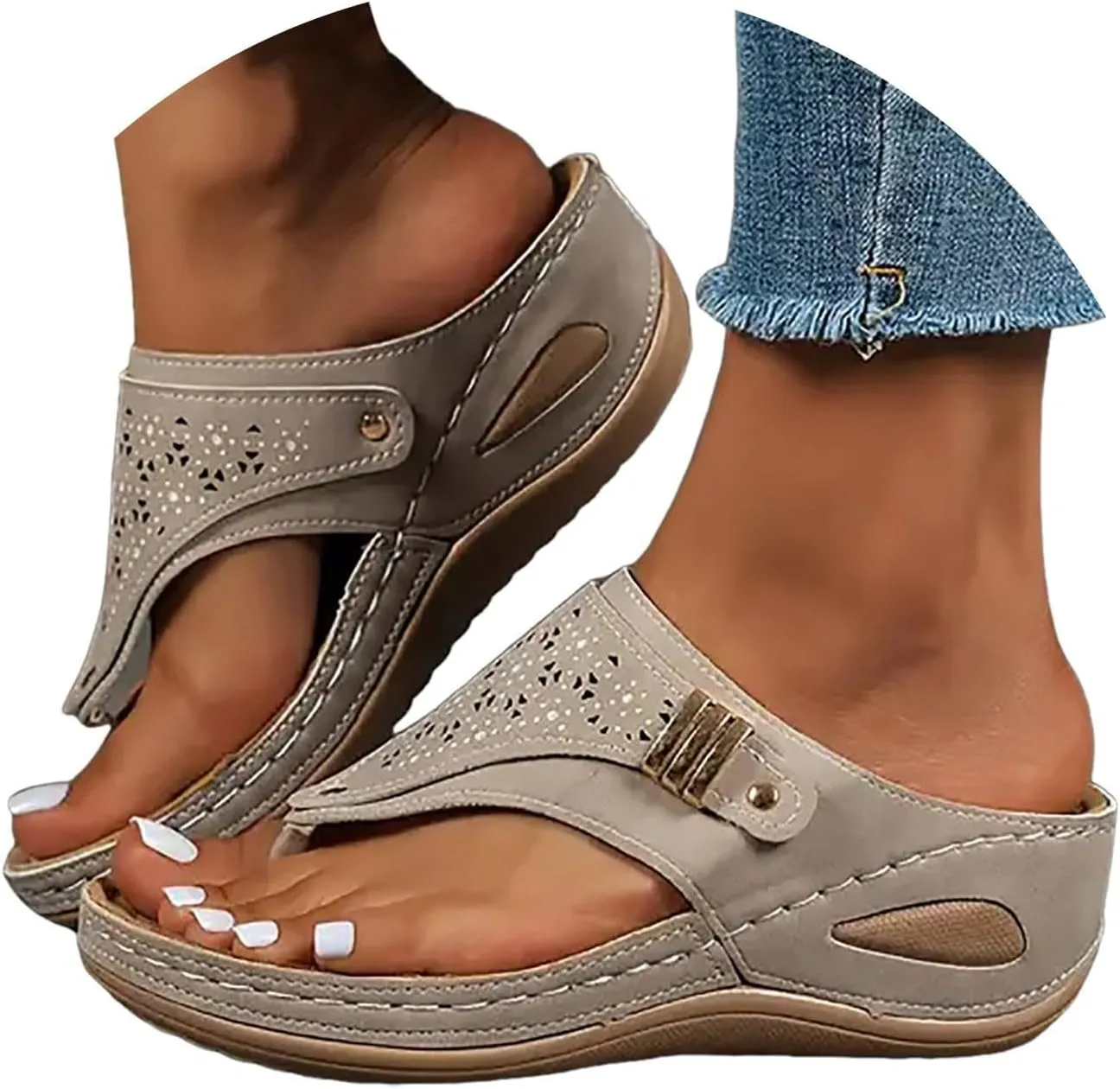 Sandals for Women 2025 Dressy Wedge Comfortable Orthopedic Sandals with Arch Support Summer Breathable Cutout Open Toe Flip Flops Flat Platform Slip on Slippers Boho Beach Walking Shoes