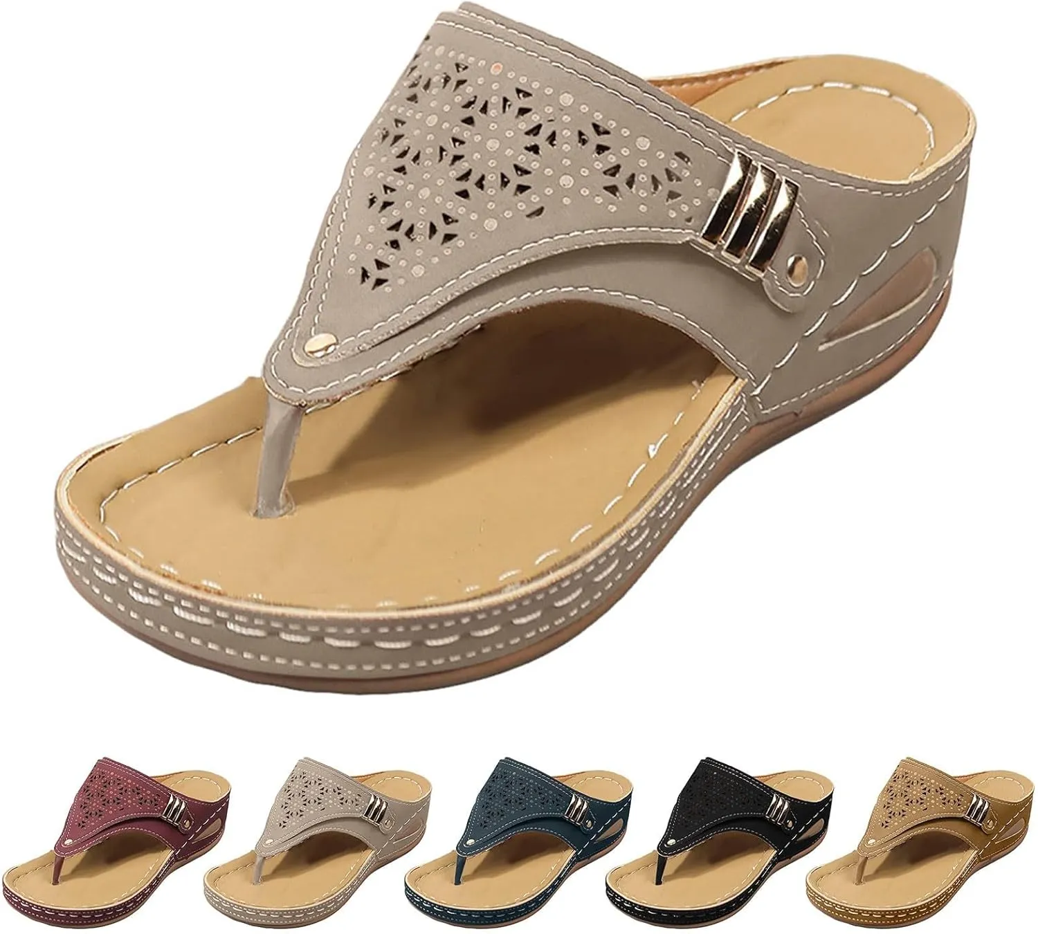 Sandals for Women 2025 Dressy Wedge Comfortable Orthopedic Sandals with Arch Support Summer Breathable Cutout Open Toe Flip Flops Flat Platform Slip on Slippers Boho Beach Walking Shoes
