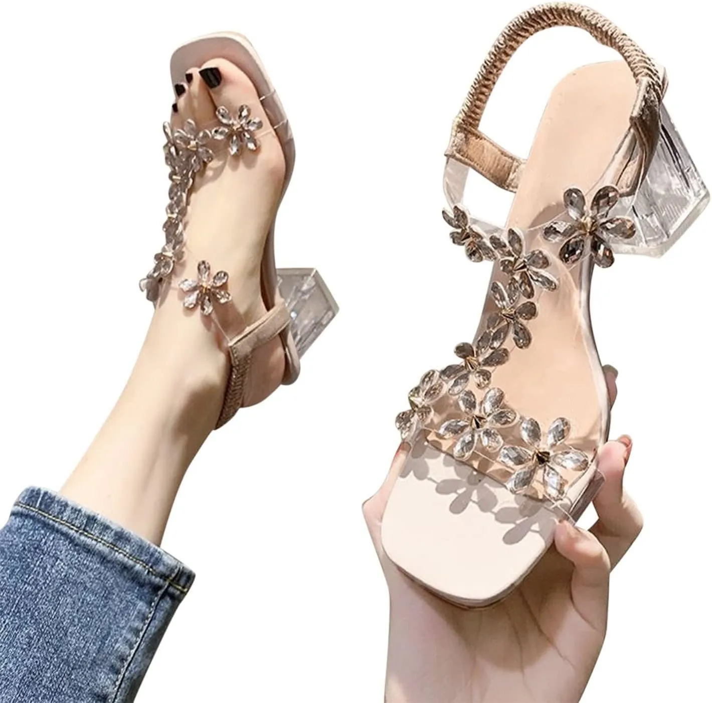 Sandals for Women 2025 Low Block Heels Sandals Open Toe Sandals Square Toe Bridal Shoes Ankle Strap Summer Heels