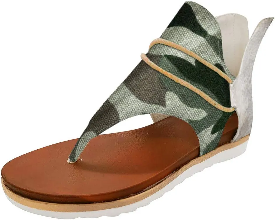 Sandals for Women Flat,Summer Sandals Ladies Fashion Leopard/Zebra/Snake Pattern Flat Heel Slip Ons Sandals with Zipper