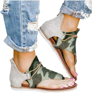 Sandals for Women Flat,Summer Sandals Ladies Fashion Leopard/Zebra/Snake Pattern Flat Heel Slip Ons Sandals with Zipper