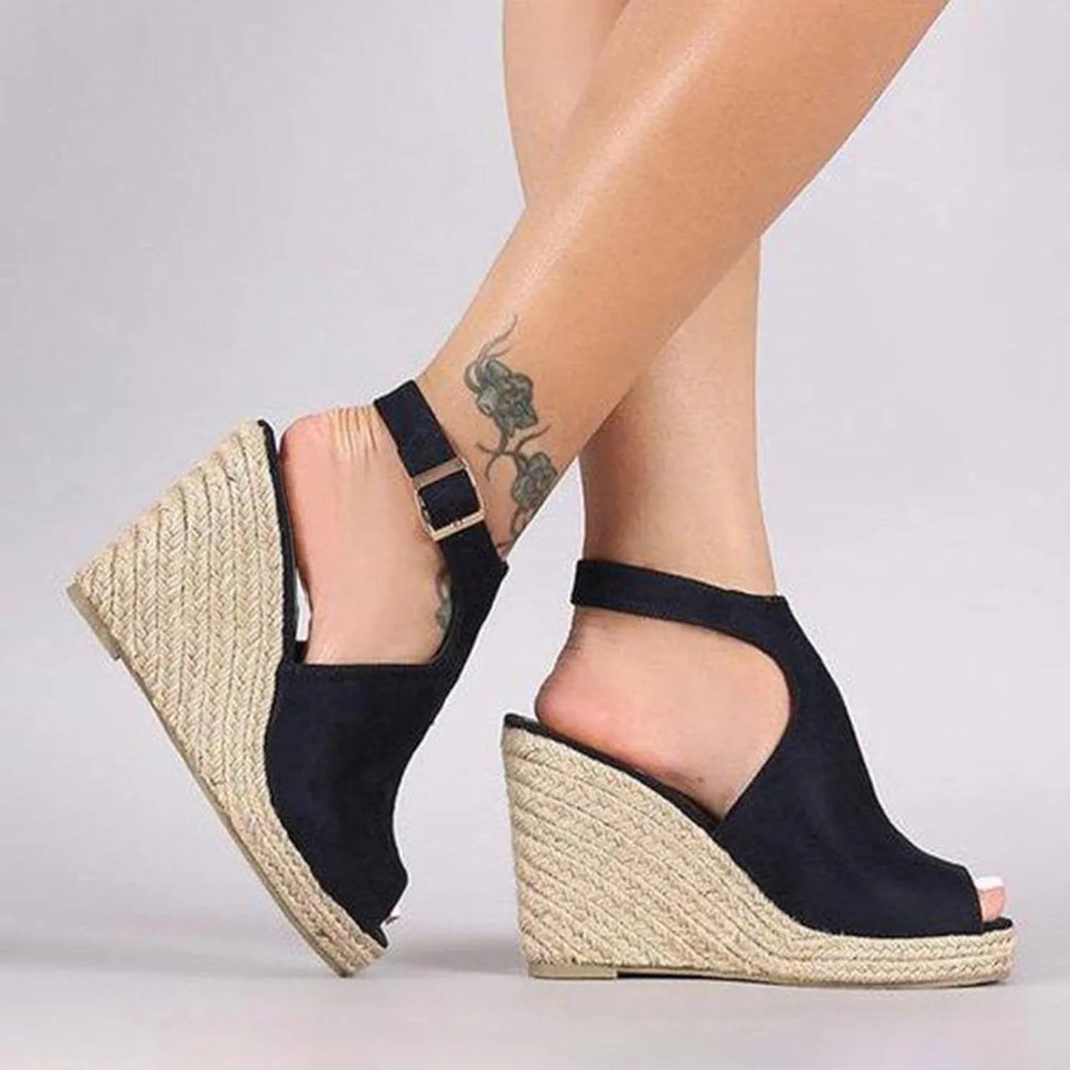 Sandals Women Dressy Summer Wedge, Womens Espadrille Wedge Sandals Open Toe Ankle Strap Buckle Platform Sandals Wedge High Heels Sandals Casual Summer Dress Shoes (a-Black, 6.5)