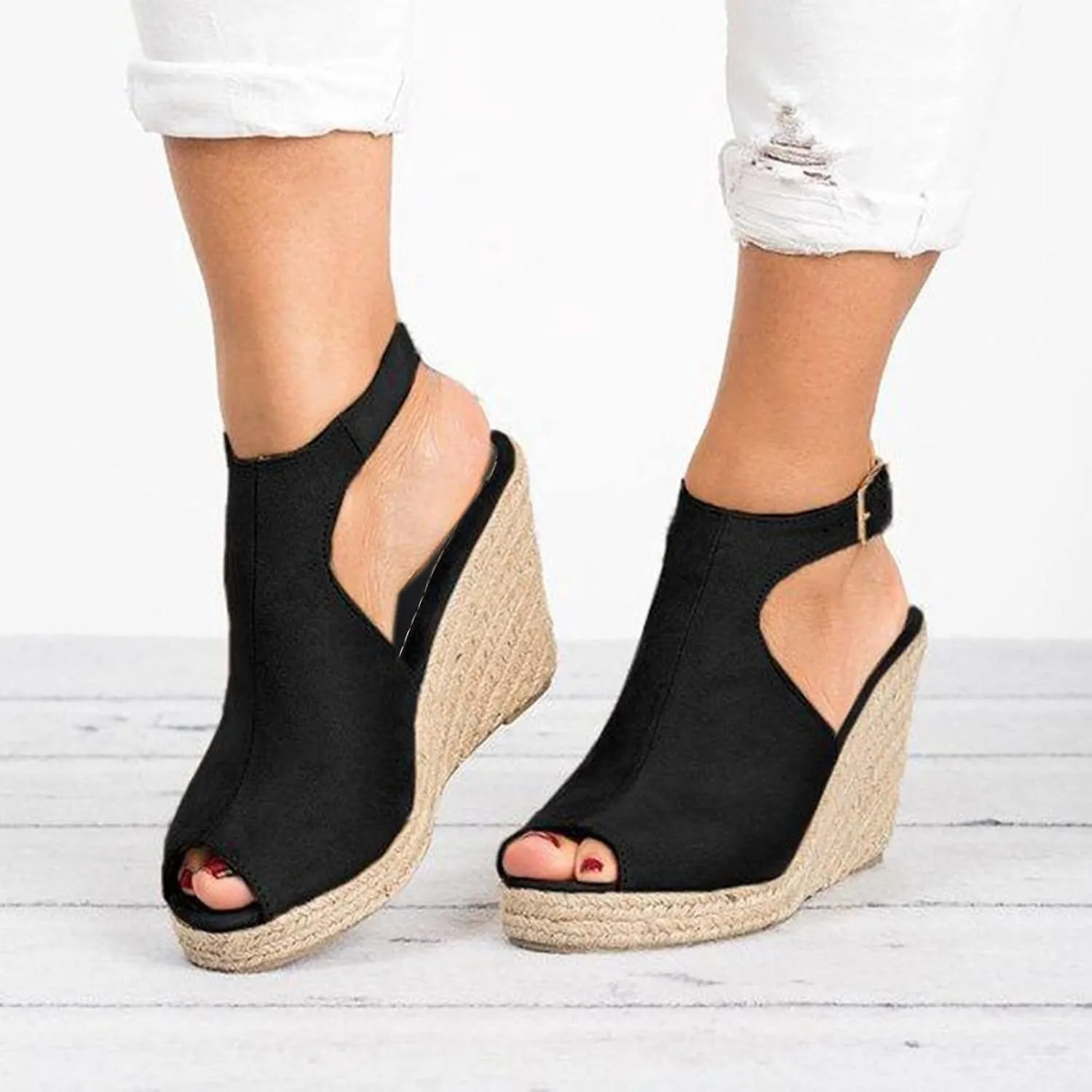 Sandals Women Dressy Summer Wedge, Womens Espadrille Wedge Sandals Open Toe Ankle Strap Buckle Platform Sandals Wedge High Heels Sandals Casual Summer Dress Shoes (a-Black, 6.5)