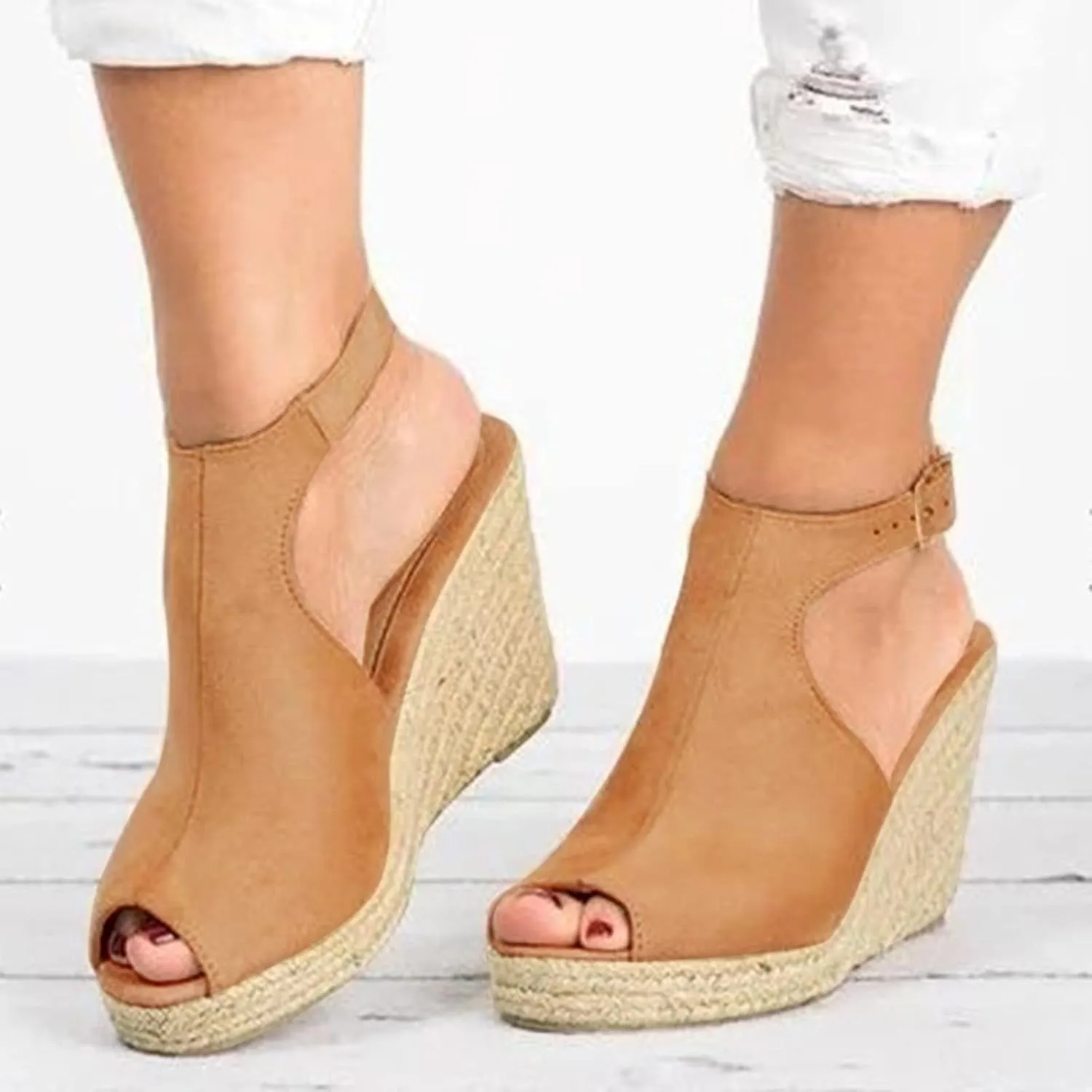 Sandals Women Dressy Summer Wedge, Womens Espadrille Wedge Sandals Open Toe Ankle Strap Buckle Platform Sandals Wedge High Heels Sandals Casual Summer Dress Shoes (a-Khaki, 11.5)
