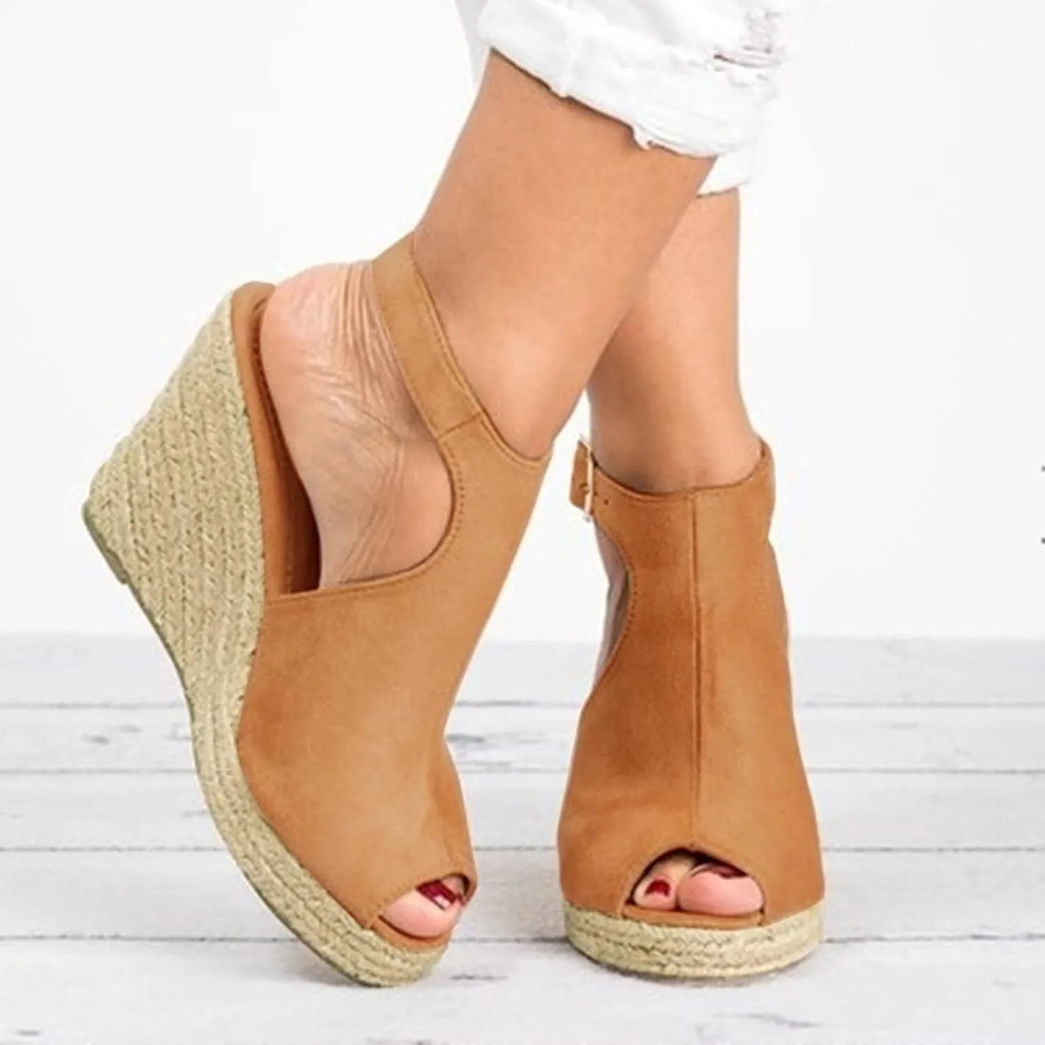 Sandals Women Dressy Summer Wedge, Womens Espadrille Wedge Sandals Open Toe Ankle Strap Buckle Platform Sandals Wedge High Heels Sandals Casual Summer Dress Shoes (a-Khaki, 11.5)
