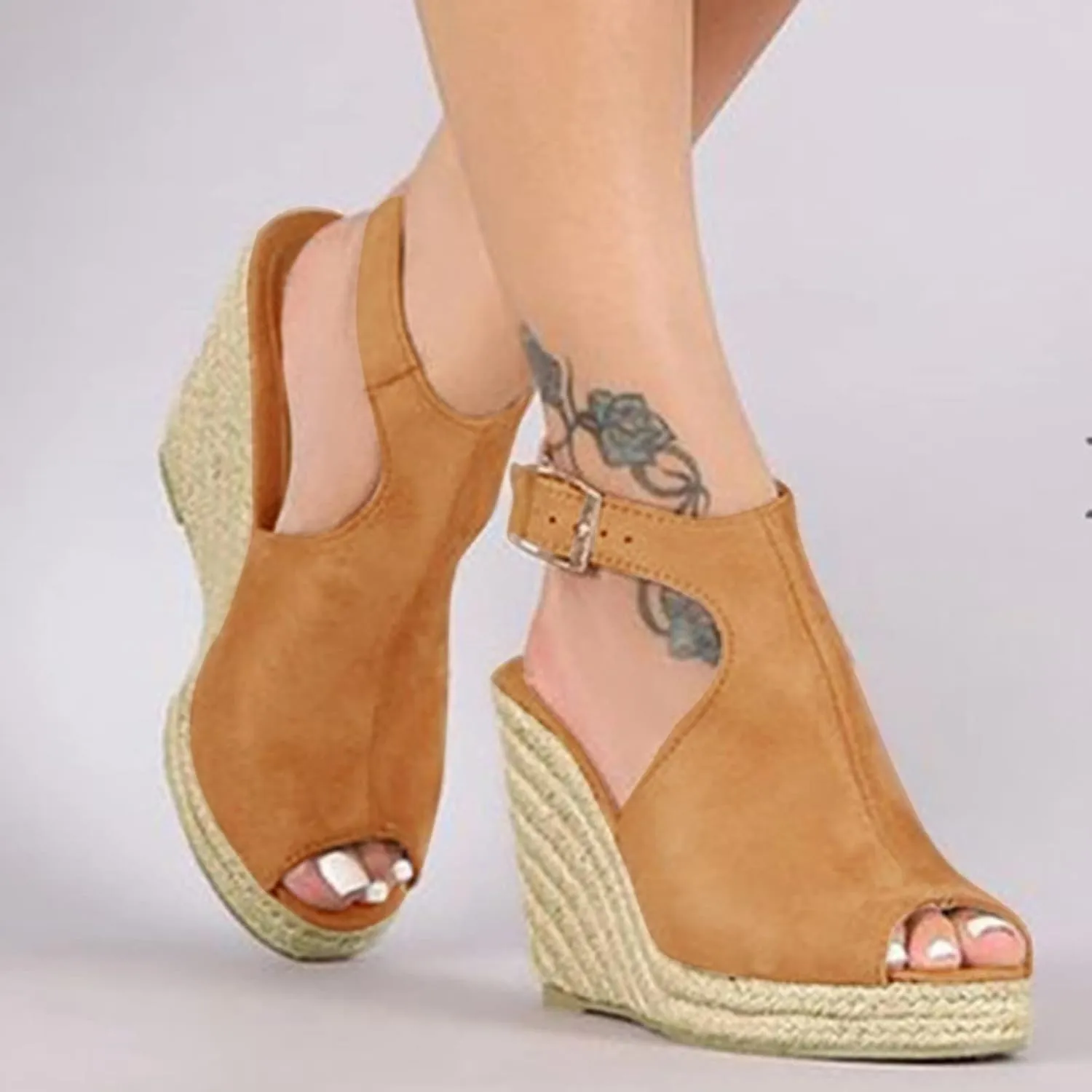 Sandals Women Dressy Summer Wedge, Womens Espadrille Wedge Sandals Open Toe Ankle Strap Buckle Platform Sandals Wedge High Heels Sandals Casual Summer Dress Shoes (a-Khaki, 11.5)
