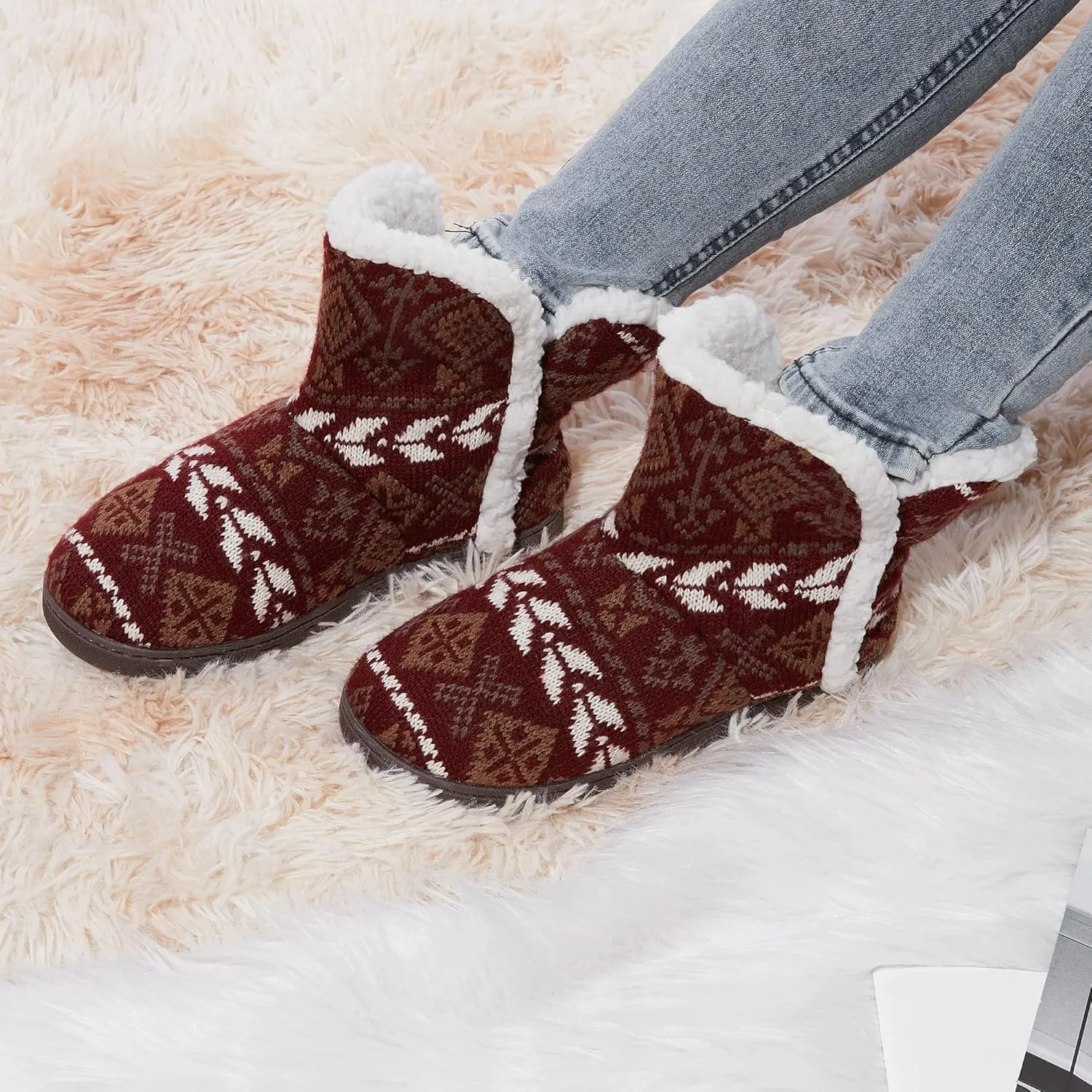 shoeslocker Womens Slipper Booties Warm Knitted Ankle Fuzzy Slippers for Women House Shoes