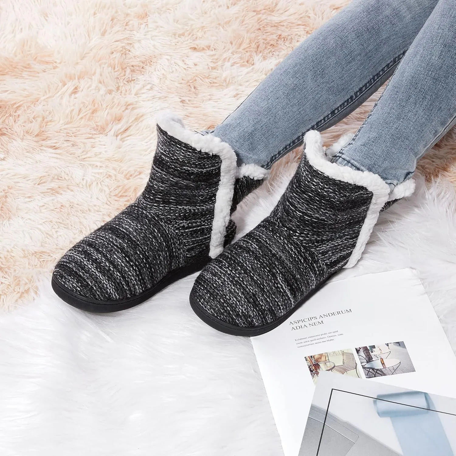 shoeslocker Womens Slipper Booties Warm Knitted Ankle Fuzzy Slippers for Women House Shoes