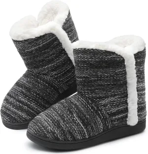 shoeslocker Womens Slipper Booties Warm Knitted Ankle Fuzzy Slippers for Women House Shoes