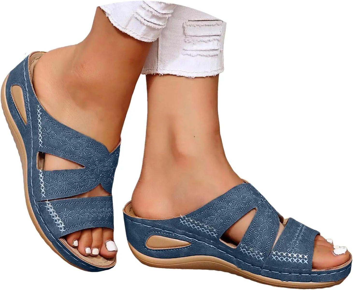 Slip On Wedges Sandals for Women Arch Support Cushioned Slides Summer Beach Slippers Versatile Dressy Sandals