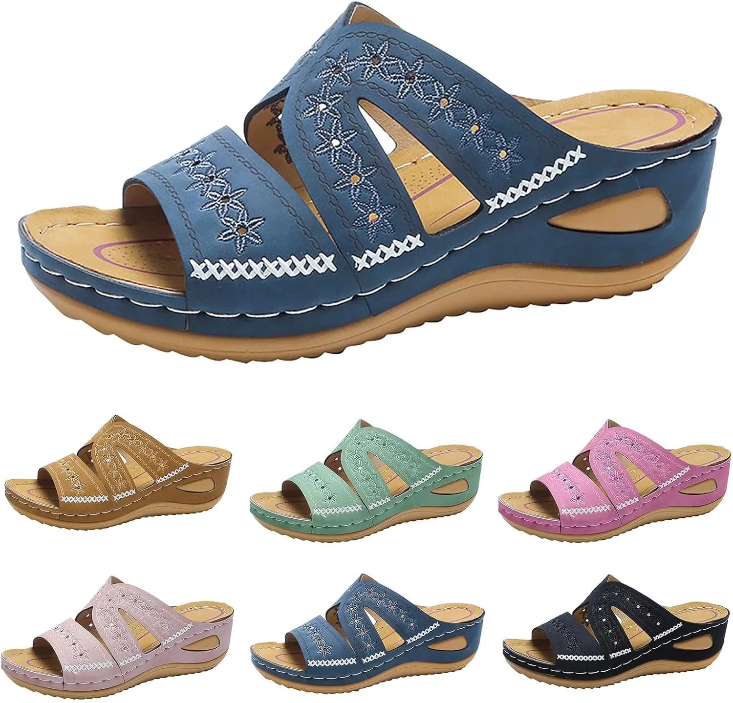 Slip On Wedges Sandals for Women Arch Support Cushioned Slides Summer Beach Slippers Versatile Dressy Sandals