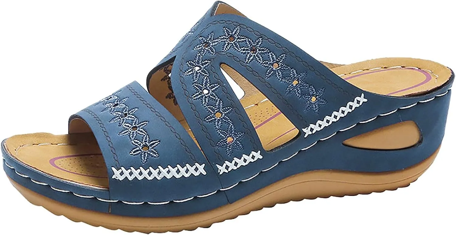 Slip On Wedges Sandals for Women Arch Support Cushioned Slides Summer Beach Slippers Versatile Dressy Sandals