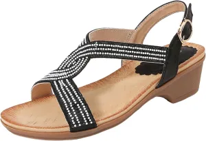 SuanlaTDS Wedge Sandals for Women Rhinestones Open Toe Ankle Strap Buckle Platform Wedding Shoes Party Pumps Comfortable Bohemian Low Wedges Chunky Block Heels Summer Dress Sandals