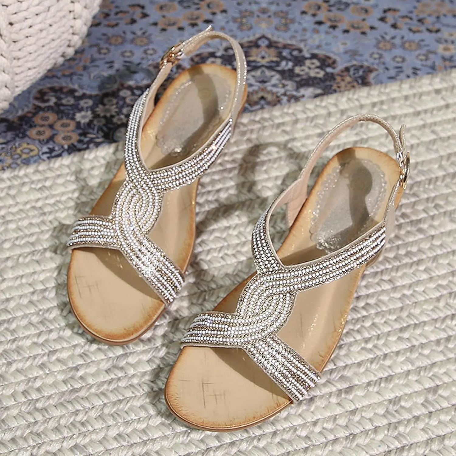 SuanlaTDS Wedge Sandals for Women Rhinestones Open Toe Ankle Strap Buckle Platform Wedding Shoes Party Pumps Comfortable Bohemian Low Wedges Chunky Block Heels Summer Dress Sandals